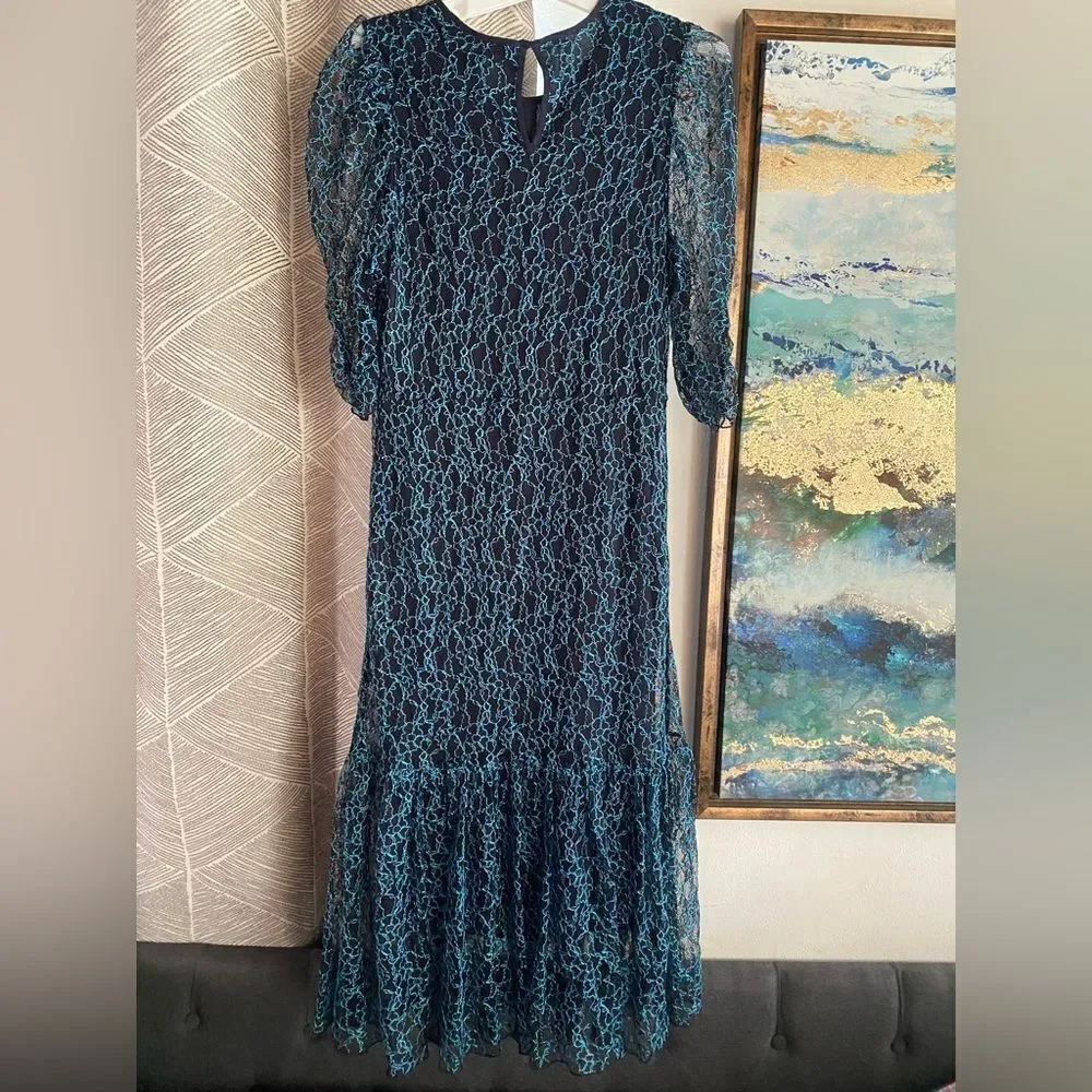SEE BY CHLOE Black Blue Lace Knit Long Sleeve Boho Coquette Midi Dress Sz 40 US8
